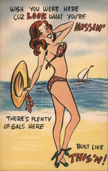 Cartoon - Woman in skimpy swimsuit posing on the beach. "Wish you were here" Swimsuits & Pinup Postcard Postcard Postcard