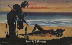 Man Watching Woman Lying on Beach: Seaside Silhouette Swimsuits & Pinup Postcard Postcard Postcard