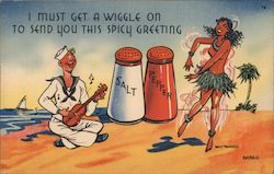 Sailor Plays the Ukulele with Hula Dancer -Salt and Pepper Comic Postcard Postcard Postcard