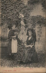 A woman and a girl at the spinning wheel Postcard