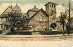 First M.E.Church and Parsonage, High School and Main Street Postcard