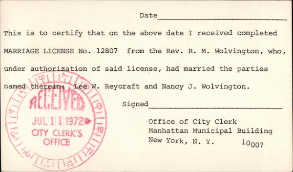 Marriage License Certification from the Office of City Clerk New York