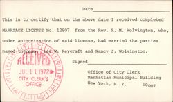 Marriage License Certification from the Office of City Clerk Postcard