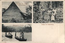 Large thatched building, women and children in traditional garb and men punting down a river Talamanca, Costa Rica Central Ameri Postcard