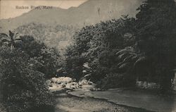 Waterfall and river rapids surrounded by palm trees with a mountain in the distance Postcard