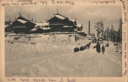 A snowy winter resort with visitors and horses Oslo, Norway Postcard Postcard Postcard