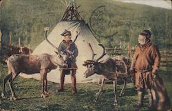 Saami Men with Lavvo and Reindeer Norway Postcard Postcard Postcard