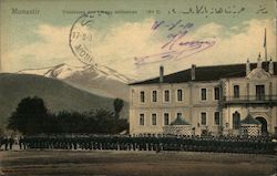 Military cadets lined up outside a school with a mountain in the distance Monastir, Tunisia Africa Postcard Postcard Postcard