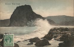 The ocean breaking against the rocky shoreline of New Zealand Postcard Postcard Postcard