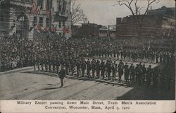 Military Escort Passing Down Main Street, Train Men's Association Convention, April 3, 1910 Worcester, MA Postcard Postcard Postcard