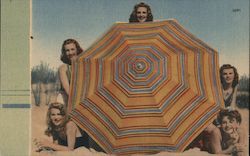 Five Girls Behind a Large Striped Umbrella on the Beach Swimsuits & Pinup Postcard Postcard Postcard