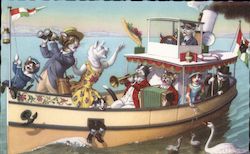 Cats on A Boat One Cat Losing Her Hat Postcard