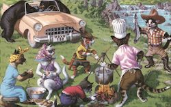 Cats Cooking Outside Bears Getting Into Car Postcard