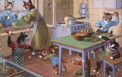 Cats in Kitchen Having Food Fight Alfred Mainzer (Eugen Hurtong) Postcard Postcard Postcard