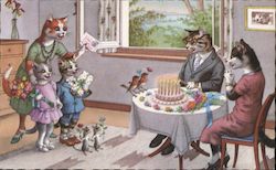 Cats with Presents Around a Birthday Cake Postcard Postcard Postcard