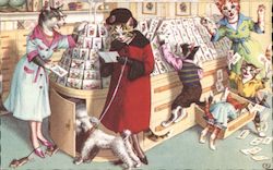 Anthropomorphic cats shopping for greeting cards Postcard