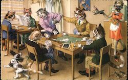 Cats Playing Cards and Reading- Dog Barking- Mice Running Alfred Mainzer (Eugen Hurtong) Postcard Postcard Postcard