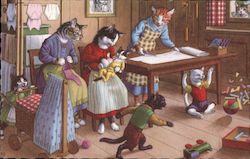 Anthropomorphic cats playing and sewing Dressed Animals Postcard Postcard Postcard