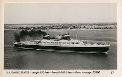 S.S. United States - Length 990 Feet - Breadth 101.6 Feet - Gross Tonnage 53300 Steamers Postcard Postcard Postcard