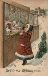 Child looking into toy shop: "Merry Christmas" Postcard