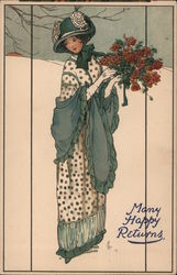 Many Happy Returns - Woman Holding Flowers Postcard