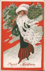 Merry Christmas with Lady and Trees Postcard