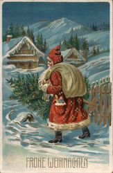 Frohe Weihnachten - Santa Walking Through Snow in the Mountains, Carrying a Bag Toward Two Houses Postcard