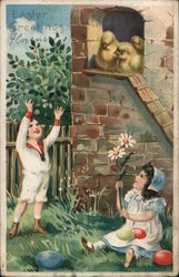 Easter Greetings - Children, Chicks With Children Postcard Postcard Postcard