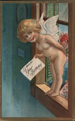 Here's for Your Birthday - Cherub in Window Sill Postcard