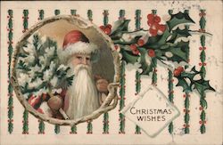 Santa Carrying a Christmas Tree, Christmas Wishes Postcard