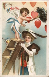 To My Valentine - Cupid Dusting Hearts Over a Woman Postcard Postcard Postcard