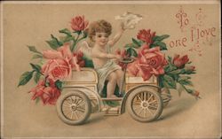 Cupid in car with flowers Postcard Postcard Postcard