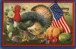 Thanksgiving Greetings - Turkey, American Flag, Pumpkin, Fruit Postcard