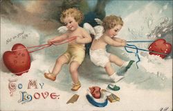 Two Cherubs Dragging Reluctant Hearts Together, To My Love Cupid Ellen Clapsaddle Postcard Postcard Postcard