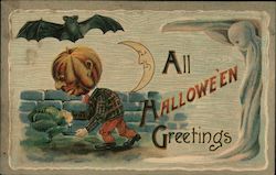 All Halloween Greetings - Pumpkin Head Man Walking with a Candle Beneath a Bat & a Moon Postcard