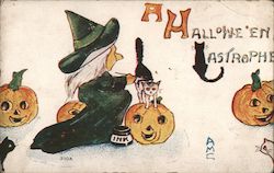 A Halloween Castastrophe - Witch Painting a White Cat Black, Pumpkins Postcard