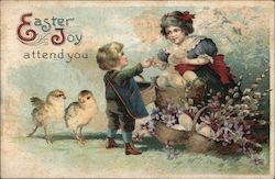 Children with chicks: "Easter joy attend you" Postcard