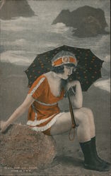 Woman in Orange with Umbrella Sitting on Beach Women Postcard Postcard Postcard