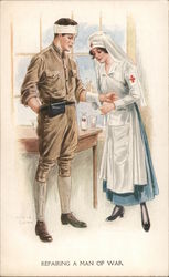 Nurse Wraps Soldier's Arm, Repairing a Man of War Military Postcard Postcard Postcard