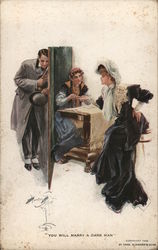 "You Will Marry A Dark Man" - Woman Having Fortune Told, Man Listening Behind Wall Postcard