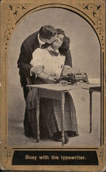 Man Kissing Woman Sitting at Typewriter, Busy with the Typewriter Couples Postcard Postcard Postcard