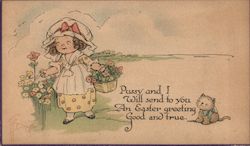 Little Girl Picking Flowers with a Basket, with Kitten Sitting on the Ground With Children Postcard Postcard Postcard