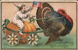 Thanksgiving Greetings - Child Riding on Pumpkin Pulled by a Turkey Postcard