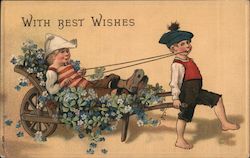 With Best Wishes- Boy Pulling Another Boy on a Wagon with Flowers Children Postcard Postcard Postcard