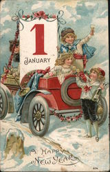 Children in a car: "A Happy New Year" Postcard