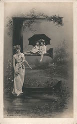 Woman and girls surrounding giant letter 'E' Postcard