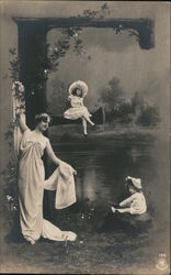 Woman and girls surrounding the letter "E" Postcard