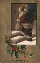 A Merry Christmas. - Santa Going up Steps, with bag and Christmas Tree Postcard