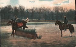 Two Men on Horses Jumping Fences Postcard