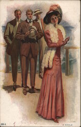 A Woman Standing with Three Men Looking at Her Longingly Postcard